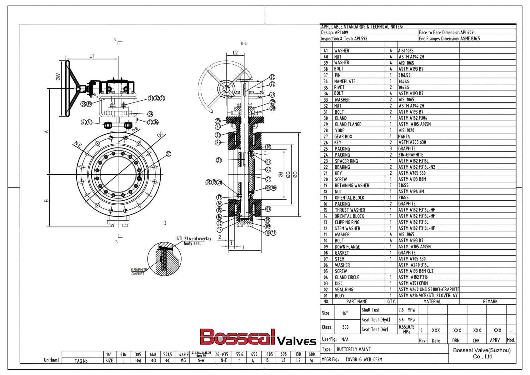 API 609 Triple Offset Butterfly Valve, 16 Inch, 300 LB, WCB - Bosseal